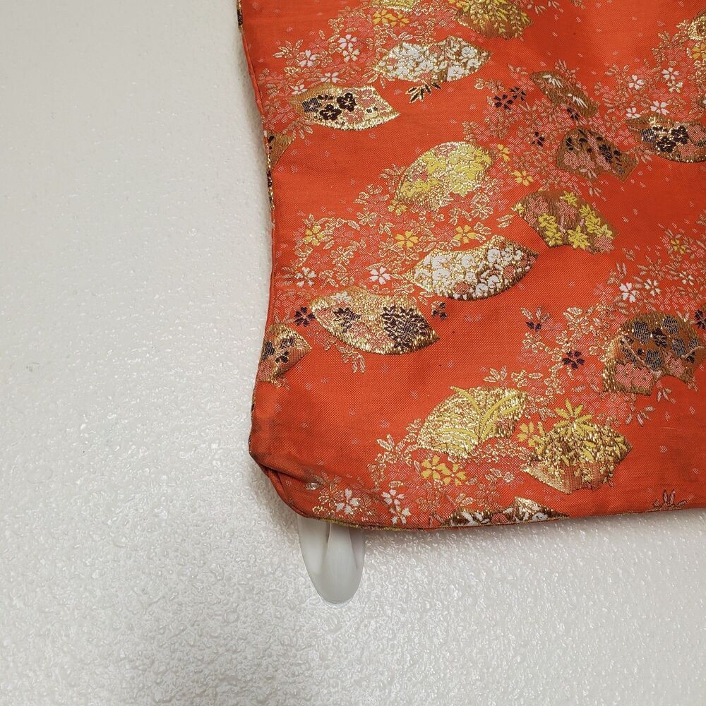 Vintage Orange Brocade Bamboo Handle Bag Gold Metallic Fan Floral Tote Handbag - Picture 6 of 16